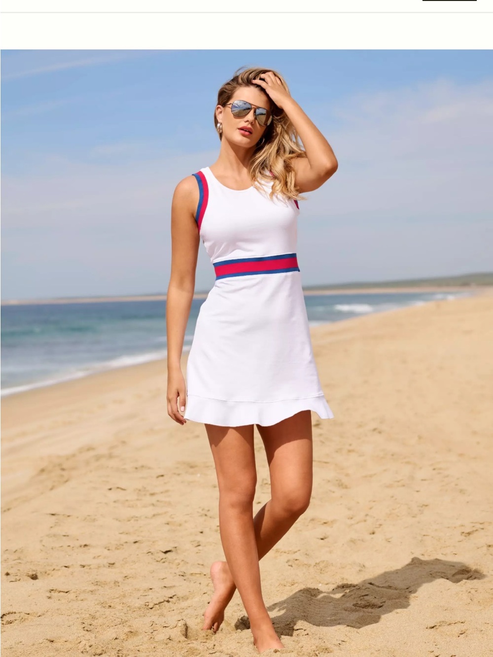 Boston Proper Women's Small Striped Sport Dress White Red Blue 2CL8440 Tennis